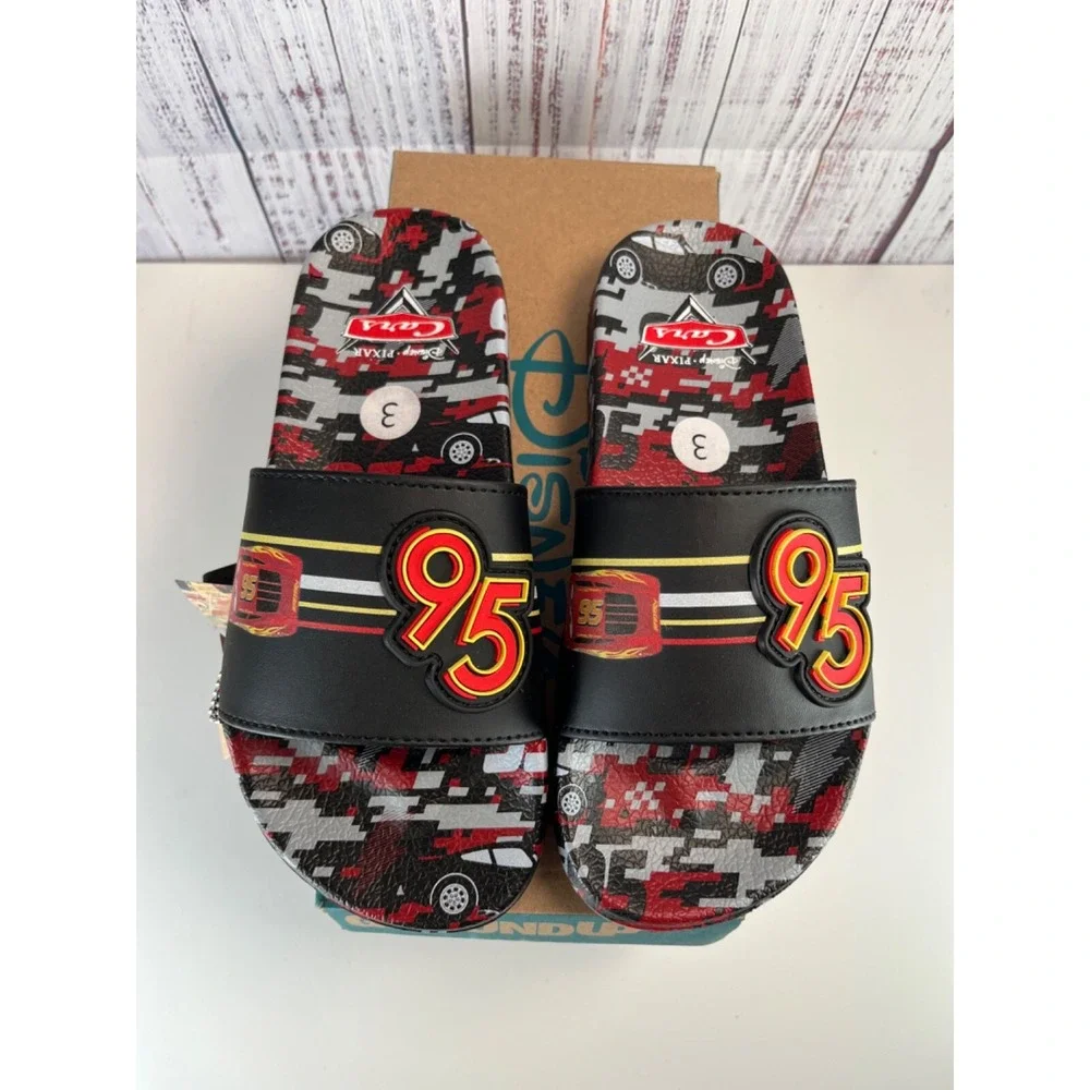 Disney Cars Lightning McQueen Slides Sandals Boys Size 3 Black Red Ground Up